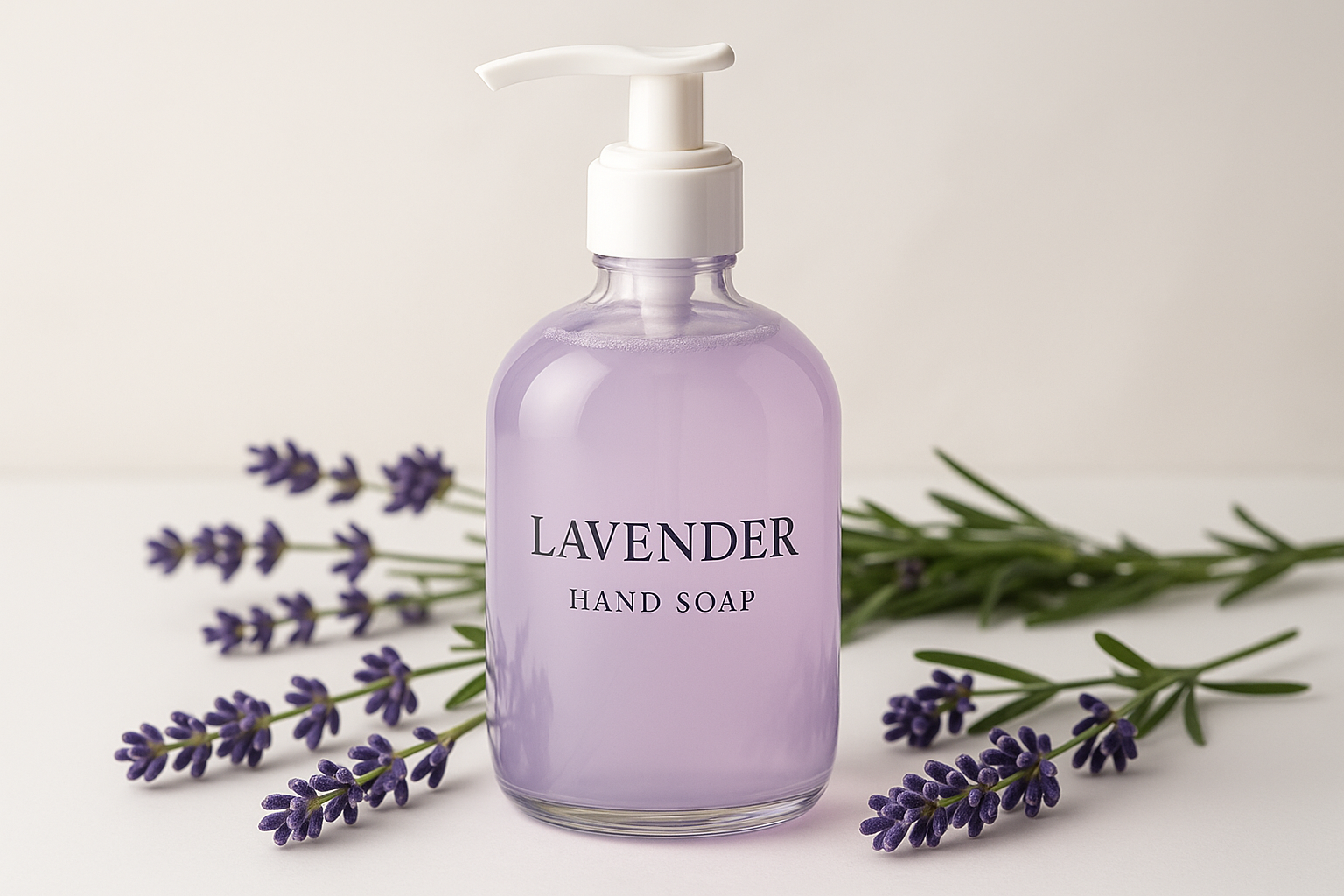Savon pour les mains à la lavande dans un flacon élégant avec des brins de lavande